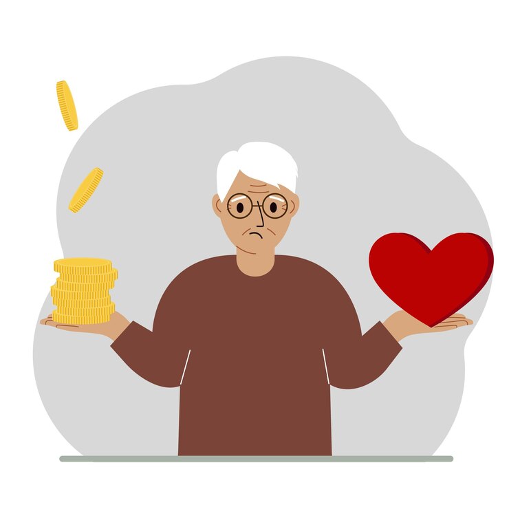 Vector money and a red heart in the hands of a man imbalance in lifestyle and work comparison of business stress and a healthy lifestyle balance of work and life