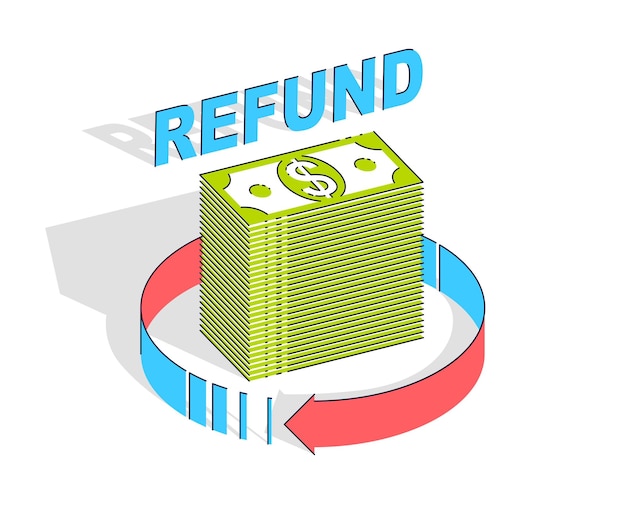 Money refund concept, cash money stack with radial loop arrows around. vector 3d isometric business and finance illustration, thin line design.