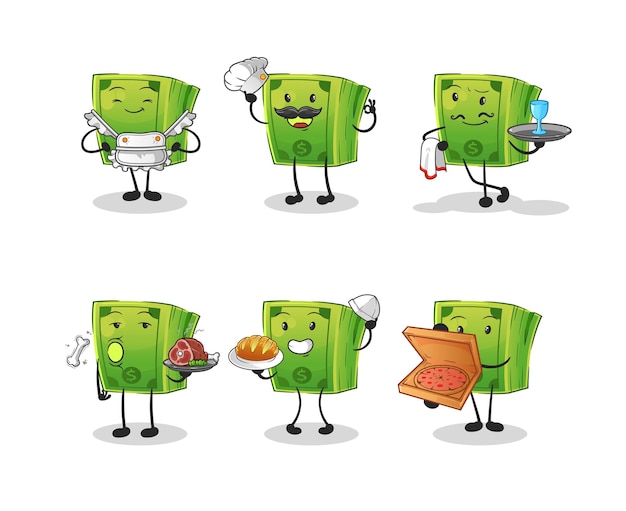 Vector money restaurant group character. cartoon mascot vector