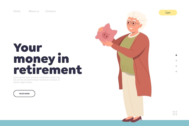 Vector money in retirement idea for landing page design template with happy senior woman character