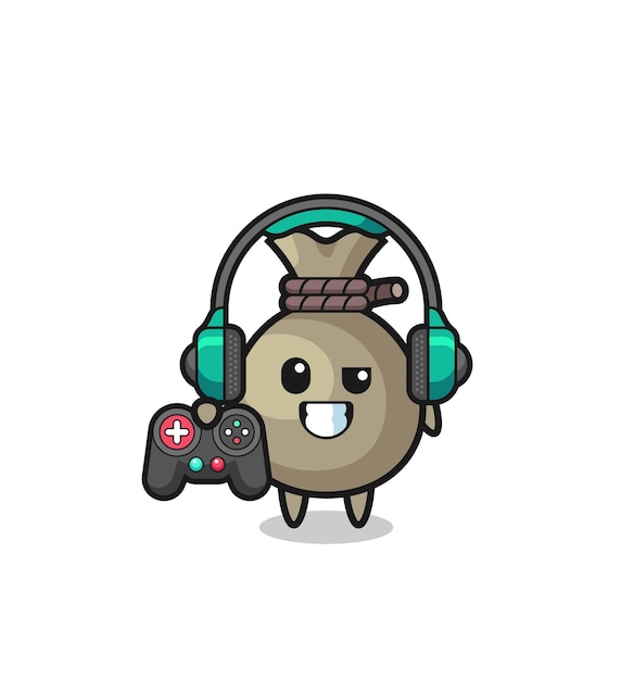 Money sack gamer mascot holding a game controller cute design