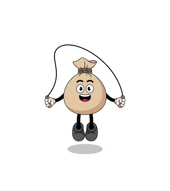 Money sack mascot cartoon is playing skipping rope character design