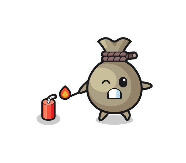 Money sack mascot illustration playing firecracker  cute design