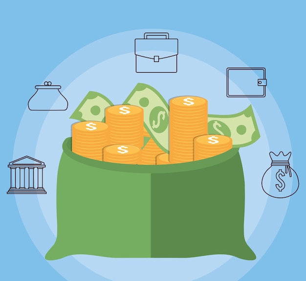 money sack and money related icons around