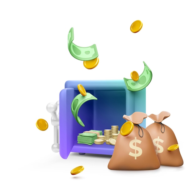 Money safe with open door and paper bills and gold coin inside and money bags next Falling green dollars and coins in realistic cartoon style Vector illustration