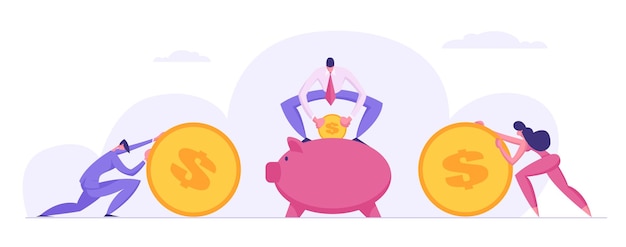 Money saving concept with business people characters and piggy bank illustration