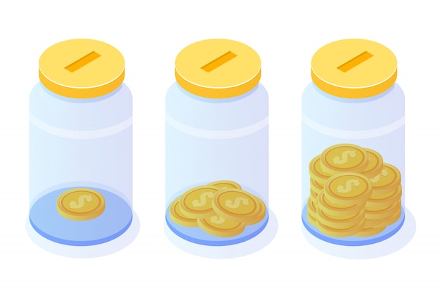 Money saving, dollar coin in jar, success financial growth isometric concept with stacks of golden coins.  illustration