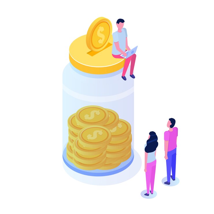 Money saving, dollar coin in jar, Success financial growth isometric concept with stacks of golden coins.  illustration
