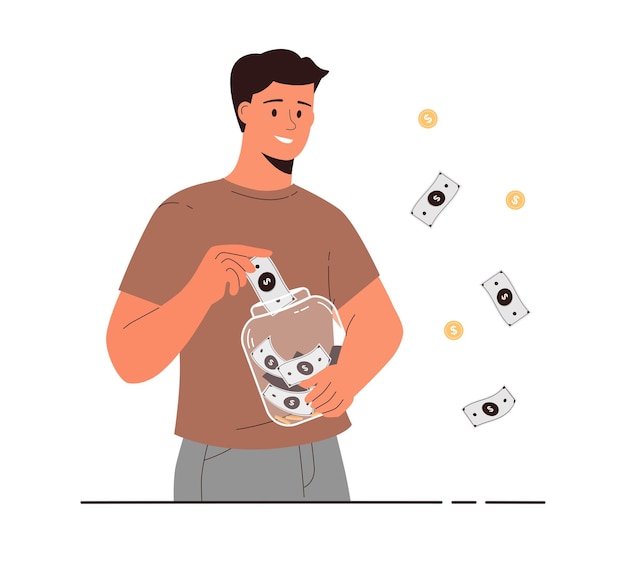 Money saving investing deposit growth Personal finance management Young man putting money into m