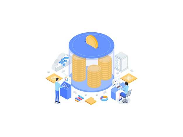 Illustrazione piana isometrica di risparmio di denaro. adatto per app mobili, siti web, banner, diagrammi, infografiche e altre risorse grafiche.