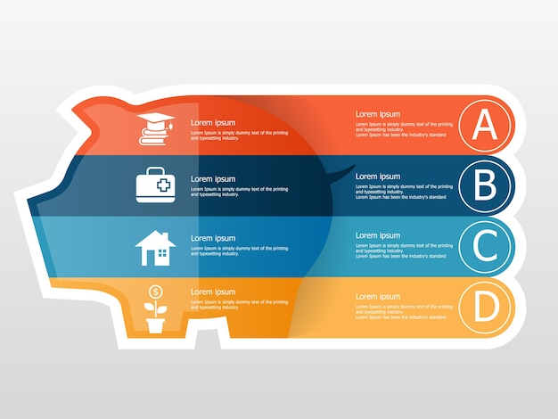 Risparmio di denaro con illustrazione infografica salvadanaio piatta