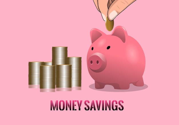 Money savings in pink pig bank cartoon vector illustration