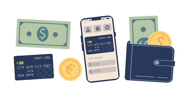 money set finance set bills and coins credit card Wallet with money online bank