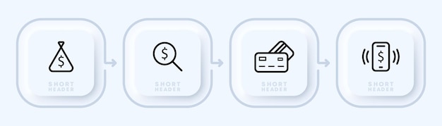 Icona del set di denaro dollaro lente d'ingrandimento carta bancaria stipendio denaro borsa nfs stile neomorfismo icona linea vettoriale per affari e pubblicità