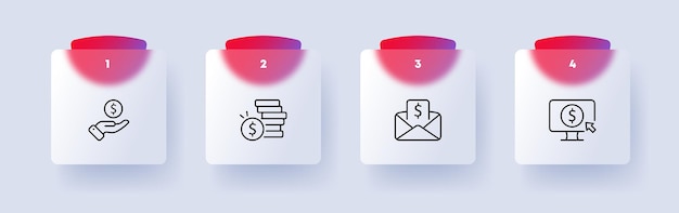 money set icon hand with a coin payment salary stack of coins dollar cent mail mailing list spam target audience contactless payment glassmorphism style vector line icon for business