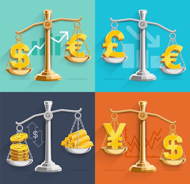 Money sign icons and gold bars on the scales. illustrations.