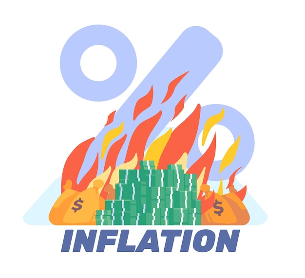お金の供給の燃焼金融インフレーション火の炎の紙幣ヒープコイン袋とドルの現金の山富の損失通貨の切り下げ経済危機または不況ベクトル概念