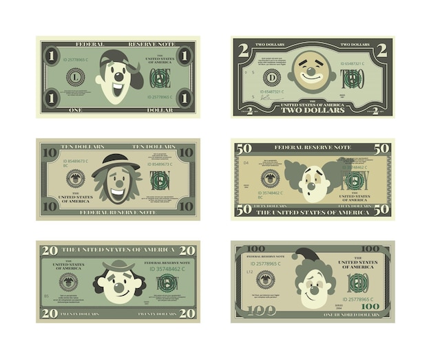 Vector money template print design of money with funny clown faces vector pictures of money dollar mascot comic mood clipart illustration