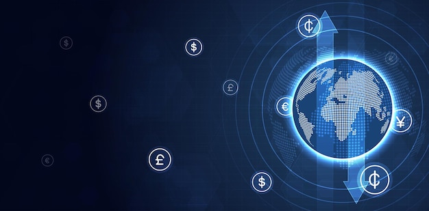 Money transaction technology concept global network connection money transfer foreign exchange payment mechanism global currency and technology transactions vector design