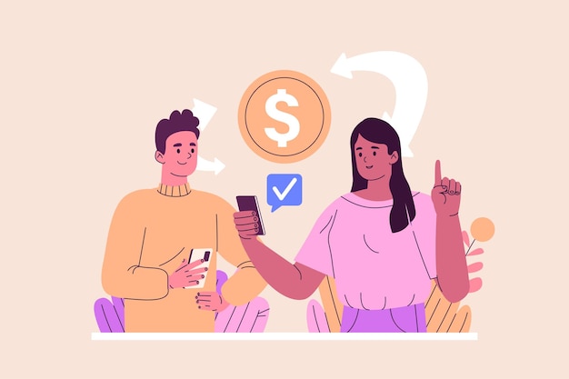 money transfer concept with people scene in the flat cartoon design