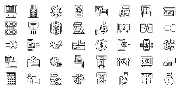 Vector money transfer icons set, outline style