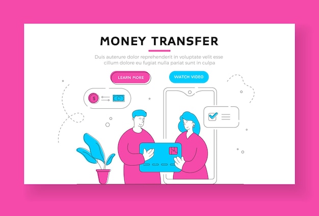 Money transfer landing page banner template. Contemporary man using modern banking app on smartphone and credit card to transfer money remotely to faraway girlfriend. Flat style illustration