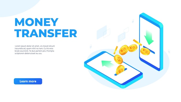 Money transfer on mobile phones. dollar coins flying from one smartphone to other. sending and receiving money wirelessly, bank payment application landing page vector illustration