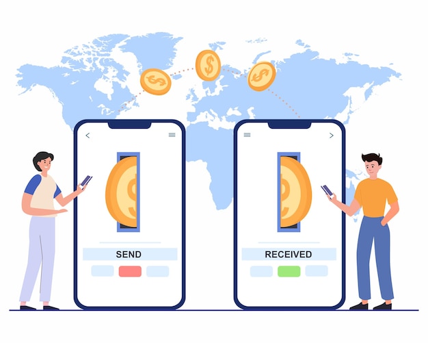 Money transfer Receiving payment with smartphone International money transaction concept