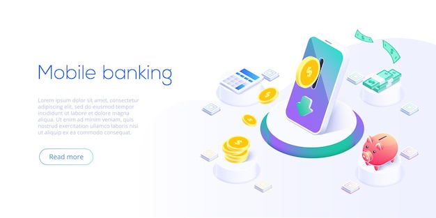 Money transfer via cellphone in isometric design. Digital payment or online cashback service. Mobile banking transaction concept. Withdraw deposit with smartphone.