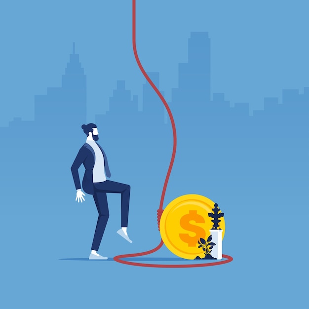 Money trap or finance risks metaphor concept businessman was caught in a rope loop Man in captivity