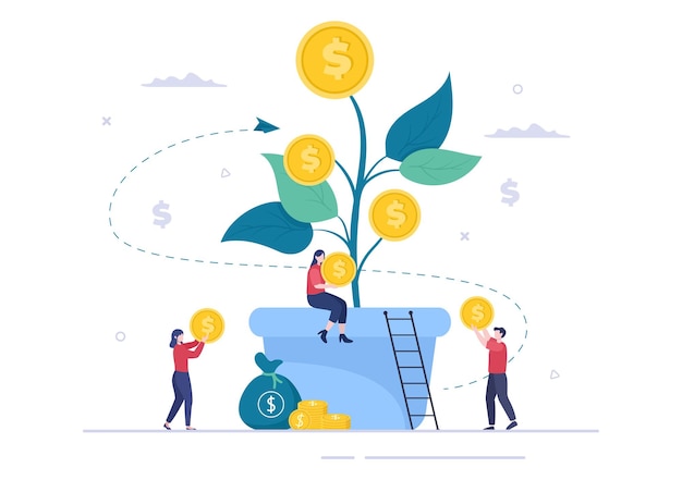 Money tree of financial business investment profit design piatto illustrazione vettoriale con banconote in dollari e monete d'oro per poster o sfondo