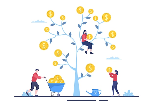 Money tree of financial business investment profit flat design vector illustration with dollar banknotes and golden coins for poster or background