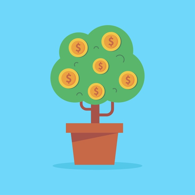 Money tree in flower pot isolated on blue background