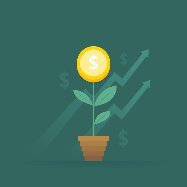 Vector money tree growing in a pot plant with coin and rise arrows concept of investing in business