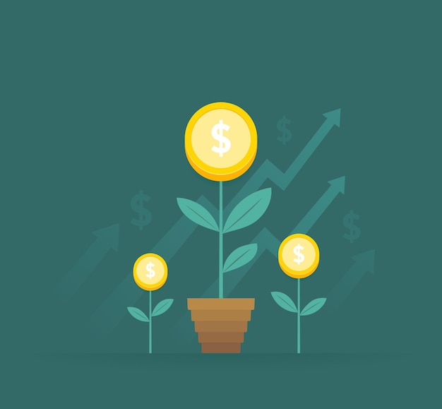 Money tree growing in a pot plant with coin and rise arrows investing in business and revenue growth