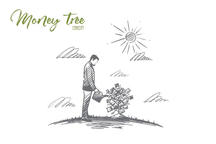 Vector money tree. hand drawn growing money tree. a man watering money tree isolated illustration.