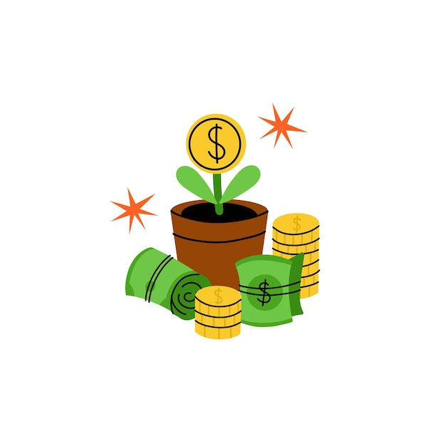 Vector money tree investing in business and revenue growth saving and increasing money safe finance investment bank deposit finance and business sticker gold coins dollar banknotes vector concept