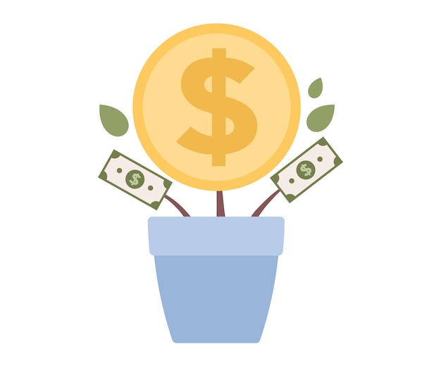 Money tree. Money flowerpot with big coin and dollars. Investment, finance, banks icon. Financial