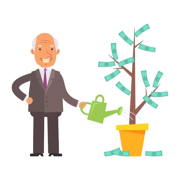 Money tree. old businessman holding watering can and smiling. vector characters. vector illustration