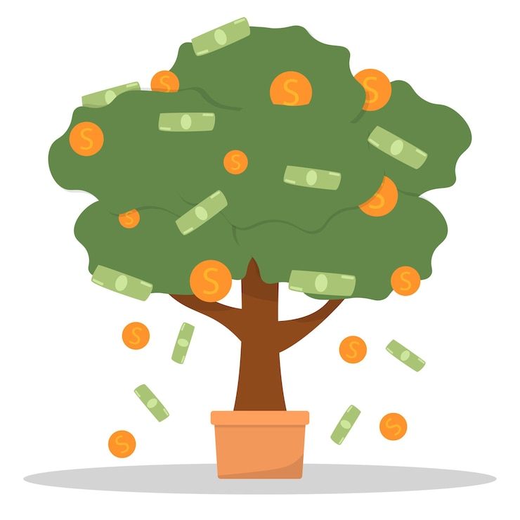 Vector money tree in pot with cash on branches plant with falling coins and banknotes concept of abundance prosperity and richness colored flat cartoon vector illustration isolated on white