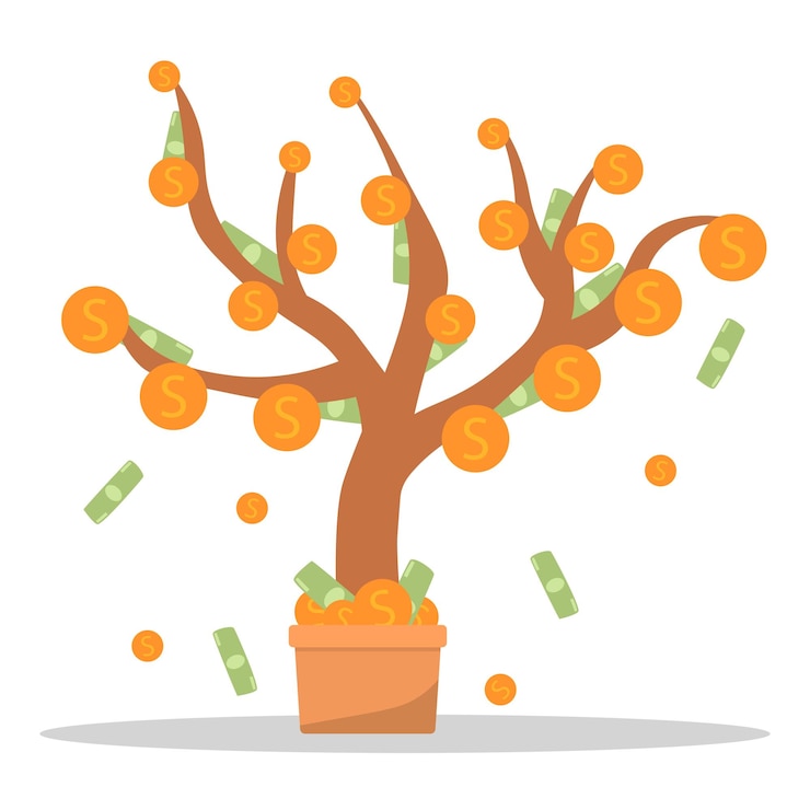Vector money tree in pot with cash on branches plant with falling coins and banknotes concept of abundance prosperity and richness colored flat cartoon vector illustration isolated on white