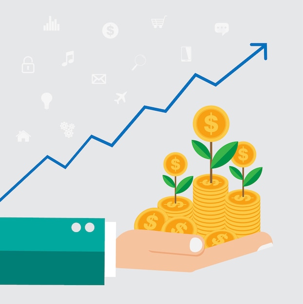 Vector money tree with bitcoins growing in businessman hand.