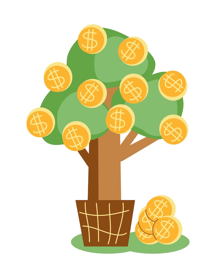 Vector money tree with gold coins with dollar icon