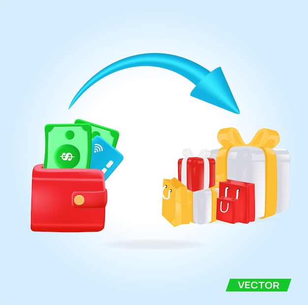 Money turns into gifts. Red wallet, cash, dollars, coins. Vetor in 3D format