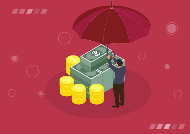 Money under the umbrella Insurance protection concept Financial savings Big pile of cash Vector illustration