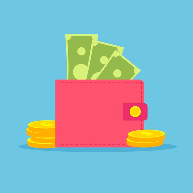 Money wallet full of cash and coins. Pink purse icon for bank, finance, investment. Dollar banknote.