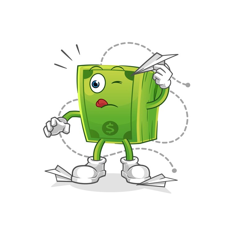 Money with paper plane character. cartoon mascot vector