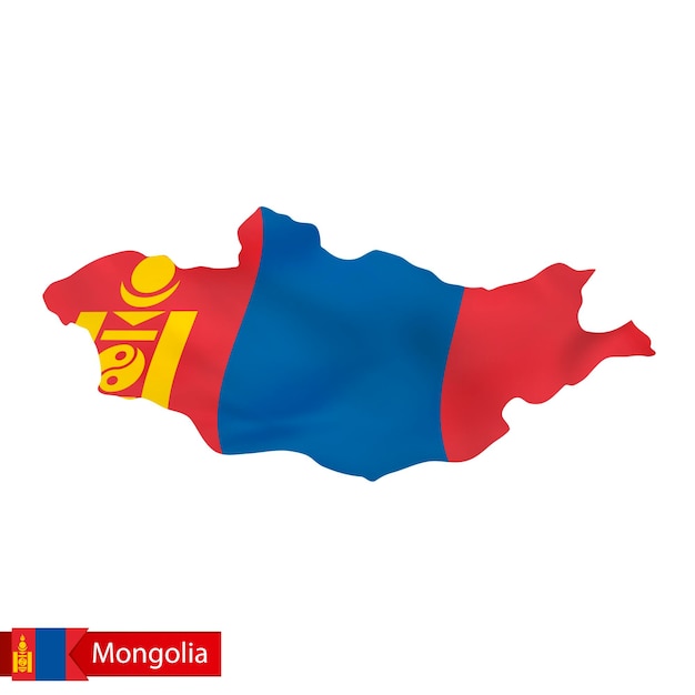 Vector mongolia map with waving flag of country