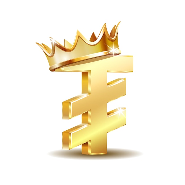 Mongolian tugrik currency symbol with golden crown, golden money sign, vector illustration isolated on white background