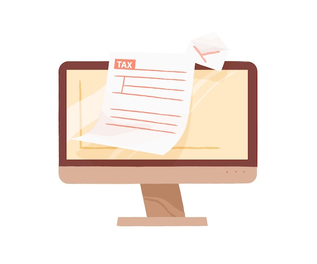 Monitor of computer demonstrate open email with tax form blank vector flat illustration. Online personal taxation, income or revenue calculation isolated. Internet banking or payment service.